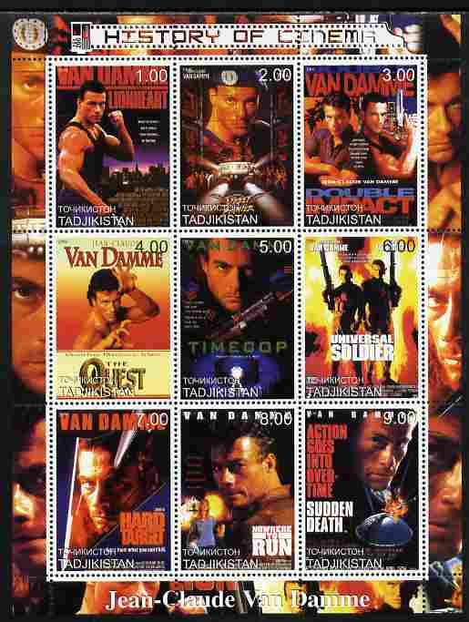 Tadjikistan 2000 History of the Cinema - Jean-Claude Van Damme perf sheetlet containing 9 values unmounted mint, stamps on cinema, stamps on films, stamps on movies, stamps on personalities