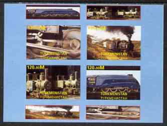 Turkmenistan 2001 Steam Trains imperf sheetlet containing set of 4 values unmounted mint, stamps on , stamps on  stamps on railways