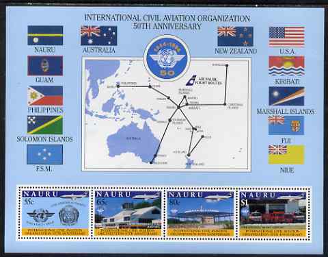 Nauru 1994 50th Anniversary ICAO perf m/sheet containing set of 4 values unmounted mint SG MS 428, stamps on , stamps on  stamps on aviation, stamps on  stamps on flags, stamps on  stamps on maps, stamps on  stamps on airports, stamps on  stamps on fire, stamps on  stamps on 