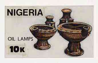 Nigeria 1990 Pottery - original hand-painted artwork for 10k value (Oil Lamps) by unknown artist on card 9 x 5 endorsed A2 on back, stamps on crafts    pottery