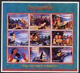 Guyana 1998 ? Pocahontas perf sheetlet containing 9 values unmounted mint , stamps on disney, stamps on films, stamps on cinema, stamps on movies, stamps on cartoons