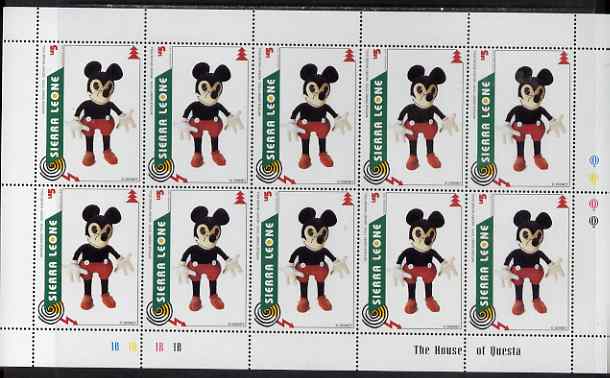 Sierra Leone 1995 Christmas - Disney Toys 5L Mickey Mouse Doll perf sheetlet containing 10 values unmounted mint, as SG 2391, stamps on disney, stamps on films, stamps on cinema, stamps on movies, stamps on cartoons, stamps on toys, stamps on dolls