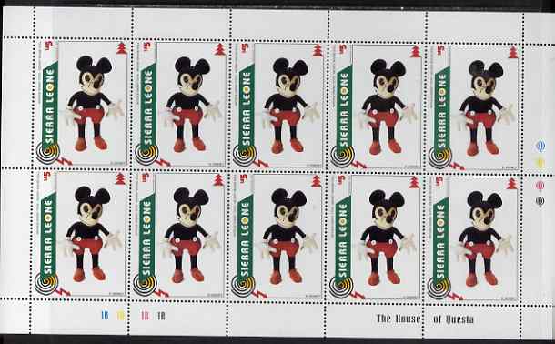 Sierra Leone 1995 Christmas - Disney Toys 5L Mickey Mouse Doll perf sheetlet containing 10 values unmounted mint, as SG 2391, stamps on , stamps on  stamps on disney, stamps on  stamps on films, stamps on  stamps on cinema, stamps on  stamps on movies, stamps on  stamps on cartoons, stamps on  stamps on toys, stamps on  stamps on dolls