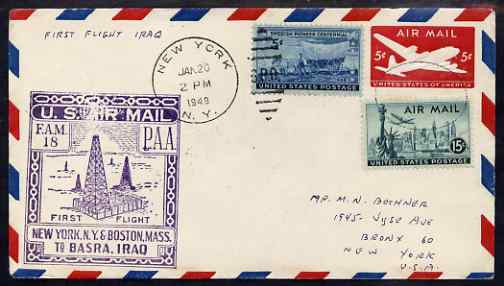 United States 1949 First Flight cover to Basra, Iraq with special FAM 18 cachet showing Oil Derricks, stamps on , stamps on  stamps on , stamps on  stamps on oil , stamps on  stamps on energy