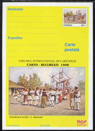 Rumania 1998 400L postal card featuring Dancers wearing national Costumes, unused and fine, stamps on , stamps on  stamps on dancing, stamps on  stamps on costumes