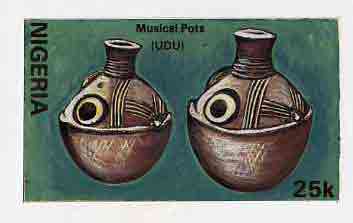 Nigeria 1990 Pottery - original hand-painted artwork for 25k value (Musical Pots) by unknown artist on card 9 x 5 endorsed C4 on back, stamps on crafts    music   pottery