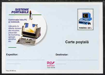 Rumania 1999 600L postal card advertising Portable Computers, unused and fine, stamps on , stamps on  stamps on aviation, stamps on  stamps on shuttle, stamps on  stamps on space, stamps on  stamps on computers