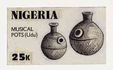 Nigeria 1990 Pottery - original hand-painted artwork for 25k value (Musical Pots) by unknown artist on card 9 x 5 endorsed C2 on back, stamps on crafts    music   pottery