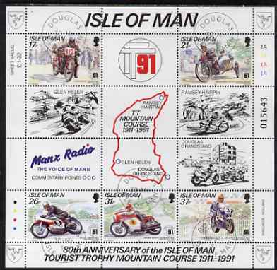 Isle of Man 1991 80th Anniversary of TT Mountain Course perf m/sheet cds used SG MS 483, stamps on motorbikes