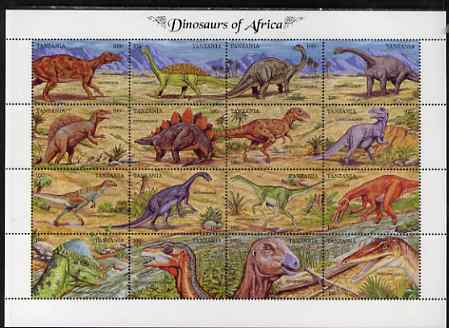Tanzania 1992 Dinosaurs of Africa perf sheetlet containing 16 values unmounted mint, SG 1370-85, stamps on dinosaurs