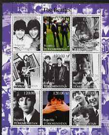 Turkmenistan 2000 The Beatles perf sheetlet containing set of 9 values unmounted mint, stamps on , stamps on  stamps on personalities, stamps on  stamps on entertainments, stamps on  stamps on music, stamps on  stamps on pops, stamps on  stamps on beatles