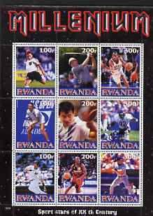 Rwanda 1999 Millennium - Sport Stars of the 20th Century perf sheetlet containing 9 values unmounted mint, stamps on personalities, stamps on entertainments, stamps on millenium, stamps on sport, stamps on football, stamps on golf, stamps on basketball, stamps on tennis, stamps on table tennis, stamps on american football, stamps on baseball