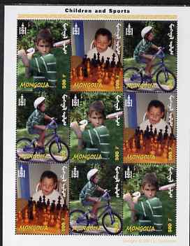 Mongolia 2002 Children & Sport perf sheetlet containing 9 values (3 sets of 3) unmounted mint, as SG 2991-3, stamps on , stamps on  stamps on sport, stamps on  stamps on children, stamps on  stamps on baseball, stamps on  stamps on chess, stamps on  stamps on bicycles