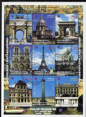 Madagascar 1999 Philex France 99 - French Landmarks perf sheetlet containing complete set of 9 values fine cto used, stamps on stamp exhibitions, stamps on tourism, stamps on buildings, stamps on cathedrals, stamps on towers, stamps on eiffel tower, stamps on 