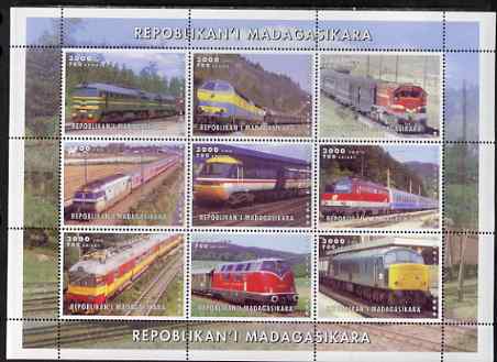 Madagascar 1999 Railways (Modern) perf sheetlet containing set of 9 values unmounted mint, stamps on , stamps on  stamps on railways