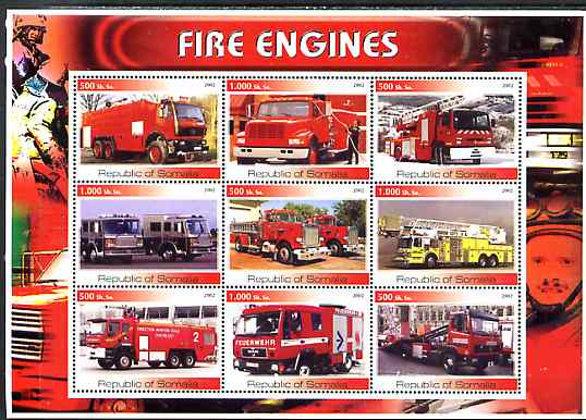 Somalia 2002 Fire Engines #1 perf sheetlet containing set of 9 values unmounted mint, stamps on fire