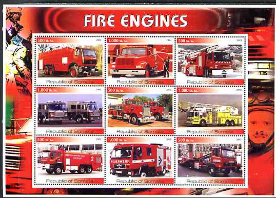 Somalia 2002 Fire Engines #1 perf sheetlet containing set of 9 values unmounted mint, stamps on , stamps on  stamps on fire