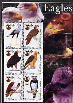 Somalia 2003 Eagles large perf sheetlet containing set of 6 values each showing Baden Powell & Scout logo unmounted mint, stamps on , stamps on  stamps on birds, stamps on  stamps on birds of prey, stamps on  stamps on eagles, stamps on  stamps on scouts