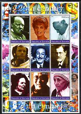 Somalia 2002 Personalities of the 20th Century #2 perf sheetlet containing 9 values, unmounted mint. Note this item is privately produced and is offered purely on its thematic appeal (Churchill, Pope, Disney, N Armstrong, Diana, Mother Teresa, etc), stamps on , stamps on stamps on personalities, stamps on stamps on millennium, stamps on stamps on pope, stamps on stamps on religion, stamps on stamps on disney, stamps on stamps on movies, stamps on stamps on films, stamps on stamps on royalty, stamps on stamps on diana, stamps on stamps on churchill, stamps on stamps on nobel, stamps on stamps on teresa, stamps on stamps on space, stamps on stamps on