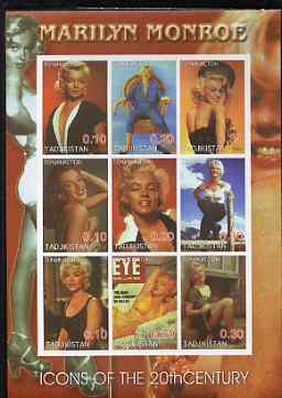 Tadjikistan 2001 Icons of the 20th Century - Marilyn Monroe imperf sheetlet containing set of 9 values unmounted mint, stamps on personalities, stamps on cinema, stamps on entertainments, stamps on millennium, stamps on marilyn, stamps on movies, stamps on cinema, stamps on women, stamps on 