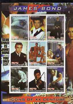 Turkmenistan 2001 Icons of the 20th Century - James Bond imperf sheetlet containing set of 9 values unmounted mint, stamps on personalities, stamps on cinema, stamps on entertainments, stamps on millennium, stamps on films, stamps on movies, stamps on  spy , stamps on scots, stamps on scotland