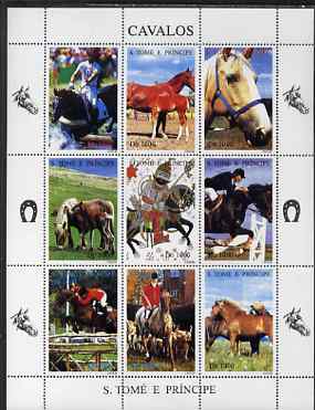 St Thomas & Prince Islands 1995 Horses perf sheetlet containing 9 values unmounted mint. Note this item is privately produced and is offered purely on its thematic appeal, stamps on , stamps on  stamps on horses