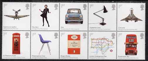 Great Britain 2009 British Design Classics se-tenant block of 10 unmounted mint, stamps on aviation, stamps on spitfires, stamps on concorde, stamps on fashion, stamps on cars, stamps on telephones, stamps on books, stamps on railways, stamps on maps, stamps on underground, stamps on buses, stamps on transport, stamps on communications, stamps on penguins, stamps on london, stamps on 