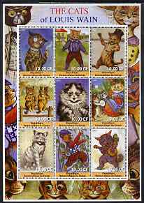 Congo 2002 The Cats of Louis Wain perf sheetlet containing 9 values unmounted mint, stamps on , stamps on  stamps on cats, stamps on  stamps on arts, stamps on  stamps on fishing, stamps on  stamps on music, stamps on  stamps on banjo, stamps on  stamps on smoking