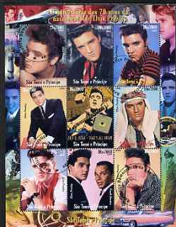 St Thomas & Prince Islands 2005 70th Birth Anniversary of Elvis Presley perf sheetlet containing complete set of 9 values fine cto used, stamps on , stamps on  stamps on entertainments, stamps on  stamps on films, stamps on  stamps on elvis, stamps on  stamps on music, stamps on  stamps on cinema, stamps on  stamps on movies, stamps on  stamps on sinatra