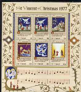 St Vincent 1977 Christmas perf m/sheet containing set of 6 values unmounted mint, SG MS 550, stamps on , stamps on  stamps on christmas, stamps on churches, stamps on angels, stamps on  stamps on music