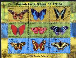 St Thomas & Prince Islands 2004 Butterflies perf sheetlet containing set of 9 values fine cto used, stamps on butterflies