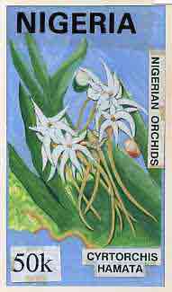 Nigeria 1993 Orchids - original hand-painted artwork for 50k value (Cyrtorchis hamata) on board 5 x 9 endorsed A1, stamps on flowers   orchids