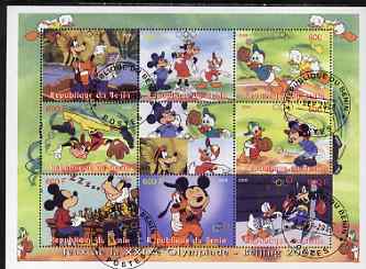 Benin 2008 Beijing Olympics - Disney Characters & Sports #1 perf sheetlet containing 8 values plus label fine cto used, stamps on olympics, stamps on disney, stamps on sport, stamps on baseball, stamps on chess, stamps on boxing, stamps on 