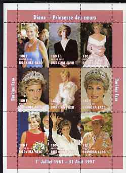 Burkina Faso 1997 Princess Diana #1 perf sheetlet containing 9 values (various portraits) unmounted mint, stamps on royalty, stamps on diana