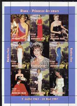 Burkina Faso 1997 Princess Diana #2 perf sheetlet containing 9 values (various portraits) unmounted mint, stamps on , stamps on  stamps on royalty, stamps on  stamps on diana