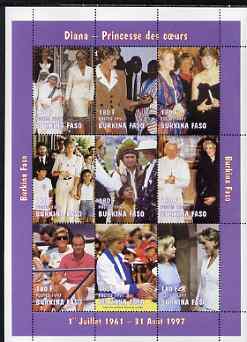 Burkina Faso 1997 Princess Diana #3 perf sheetlet containing 9 values (various portraits) unmounted mint, stamps on royalty, stamps on diana, stamps on teresa, stamps on nobel, stamps on pope, stamps on 