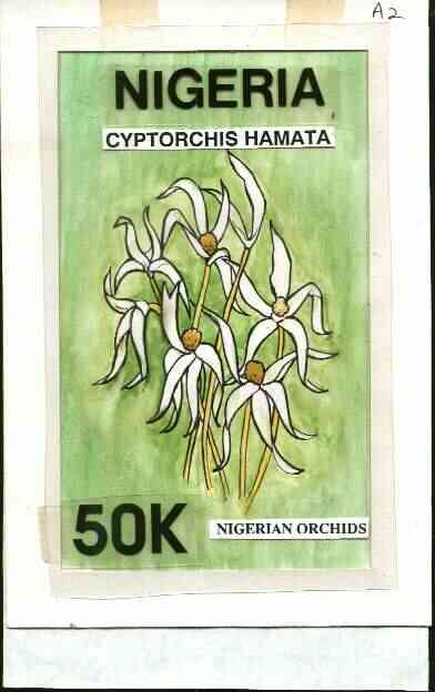 Nigeria 1993 Orchids - original hand-painted artwork for 50k value (Cyrtorchis hamata) by Godrick N Osuji on card 5 x 9 endorsed A2, stamps on flowers   orchids