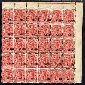 Turks & Caicos Islands 1917 KG5 War Tax 1d red opt at bottom NE quarter sheet of 30 (6x5) with opt shifted to right touching perforations, unmounted mint SG 140var, stamps on , stamps on  stamps on , stamps on  stamps on  kg5 , stamps on  stamps on   ww1 , stamps on  stamps on 