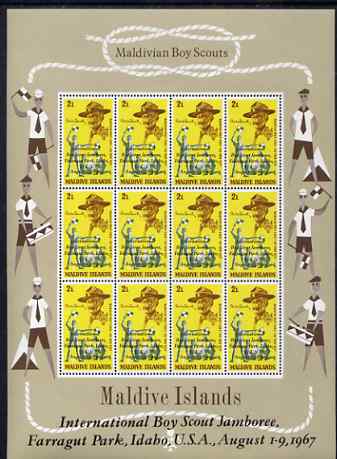 Maldive Islands 1968 First Anniversary of Scouts Jamboree opt on 2L value in complete sheetlet of 12 unmounted mint SG 284, stamps on , stamps on  stamps on scouts, stamps on  stamps on music