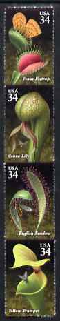 United States 2001 Carnivorour Plants strip of 4 self adhesive unmounted mint SG 4000a, stamps on , stamps on  stamps on plants, stamps on  stamps on flowers, stamps on  stamps on insects