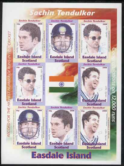 Easdale 2008 Sachin Tendulkar (cricketer) imperf sheetlet containing 8 values plus label, unmounted mint, stamps on , stamps on  stamps on sport, stamps on  stamps on personalities, stamps on  stamps on cricket