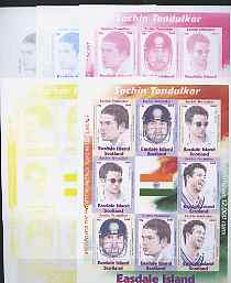 Easdale 2008 Sachin Tendulkar (cricketer) imperf sheetlet containing 8 values plus label, the set of 5 imperf progressive proofs comprising the 4 individual colours plus ..., stamps on sport, stamps on personalities, stamps on cricket