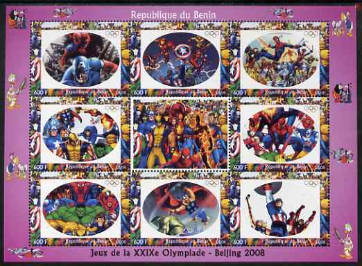 Benin 2008 Beijing Olympics - Comic Book Heroes & Disney Characters #1 perf sheetlet containing 8 values plus label unmounted mint. Note this item is privately produced and is offered purely on its thematic appeal (Spider Man, Incredible Hulk & Captain America), stamps on olympics, stamps on disney, stamps on sport, stamps on tennis, stamps on films.comics, stamps on movies, stamps on fantasy