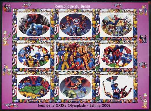 Benin 2008 Beijing Olympics - Comic Book Heroes & Disney Characters #1 perf sheetlet containing 8 values plus label unmounted mint. Note this item is privately produced and is offered purely on its thematic appeal (Spider Man, Incredible Hulk & Captain America), stamps on olympics, stamps on disney, stamps on sport, stamps on tennis, stamps on films.comics, stamps on movies, stamps on fantasy