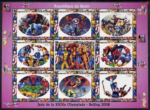 Benin 2008 Beijing Olympics - Comic Book Heroes & Disney Characters #1 perf sheetlet containing 8 values plus label unmounted mint. Note this item is privately produced and is offered purely on its thematic appeal (Spider Man, Incredible Hulk & Captain America), stamps on , stamps on  stamps on olympics, stamps on  stamps on disney, stamps on  stamps on sport, stamps on  stamps on tennis, stamps on  stamps on films.comics, stamps on  stamps on movies, stamps on  stamps on fantasy