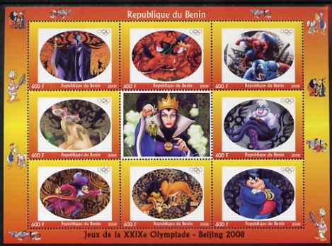 Benin 2008 Beijing Olympics - Comic Book Heroes & Disney Characters #2 perf sheetlet containing 8 values plus label unmounted mint. Note this item is privately produced and is offered purely on its thematic appeal (Spider Man, Peter Pan, Sleeping Beauty etc), stamps on olympics, stamps on disney, stamps on sport, stamps on tennis, stamps on films.comics, stamps on movies, stamps on fantasy, stamps on scots, stamps on scotland
