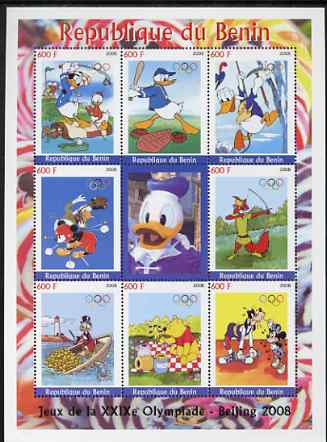 Benin 2008 Beijing Olympics - Disney Characters & Sports #2 perf sheetlet containing 8 values plus label unmounted mint 