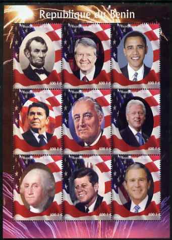 Benin 2009 USA Presidents #1 perf sheetlet containing 9 values unmounted mint. Note this item is privately produced and is offered purely on its thematic appeal, stamps on personalities, stamps on obama, stamps on kennedy, stamps on lincoln, stamps on clinton, stamps on reagan, stamps on bush, stamps on washington, stamps on carter, stamps on usa presidents, stamps on americana.masonics, stamps on masonry
