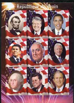 Benin 2009 USA Presidents #1 imperf sheetlet containing 9 values unmounted mint. Note this item is privately produced and is offered purely on its thematic appeal, stamps on personalities, stamps on obama, stamps on kennedy, stamps on lincoln, stamps on clinton, stamps on reagan, stamps on bush, stamps on washington, stamps on carter, stamps on usa presidents, stamps on americana.masonics, stamps on masonry