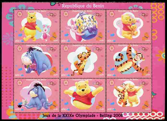 Benin 2009 Beijing Olympics #1 - Winnie the Pooh perf sheetlet containing 9 values unmounted mint, stamps on , stamps on  stamps on olympics, stamps on  stamps on disney, stamps on  stamps on bears, stamps on  stamps on honey, stamps on  stamps on pigs, stamps on  stamps on swine